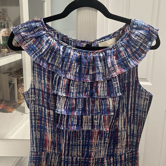 KATE SPADE Silk Shift Dress Ruffle Neckline Multicolor Sleeveless, Size 6 - Picture 2 of 11